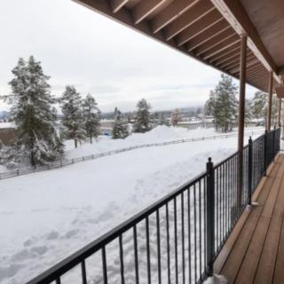 A snowy winter landscape viewed from a balcony with railing, surrounded by trees.