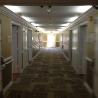 A long, carpeted hallway with multiple doors leading to rooms.