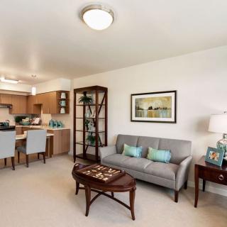 A modern living room with a gray sofa, decorative pillows, and an open floor plan leading to the dining area.