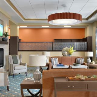 A modern and stylish lobby with comfortable seating and elegant decor.