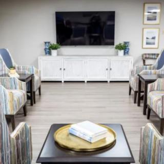 A modern living room setup with a central television, stylish furniture, and decorative elements.