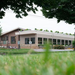 A brick building surrounded by greenery under an overcast sky.