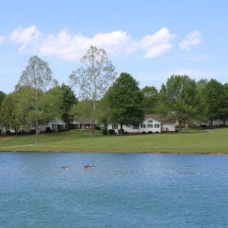 A serene view of a lake surrounded by lush greenery and homes under a clear blue sky.