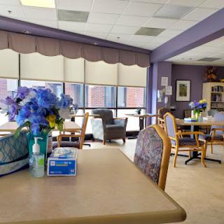 A cozy recreational area featuring comfortable seating and vibrant flowers, creating a welcoming atmosphere.