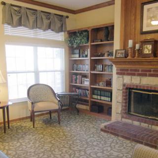 A cozy living room with a fireplace and bookshelves.