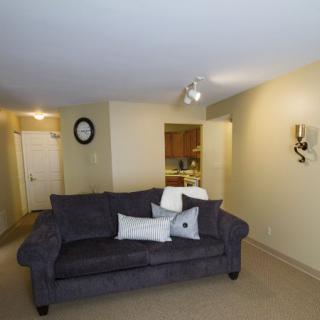 A modern living room with a plush sofa and simple decor.