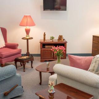 A cozy living room with a variety of seating options and decor, featuring a flower vase on the coffee table.
