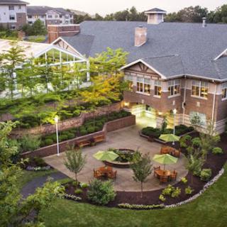 A beautifully landscaped outdoor space featuring a circular seating area surrounded by lush greenery and a modern building in the background.