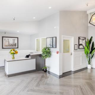 A modern reception area featuring a sleek design, bright lighting, and decorative plants.