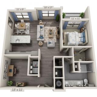 A 3D floor plan of a one-bedroom apartment featuring an open kitchen, living room, bathroom, small office space, and dining area.