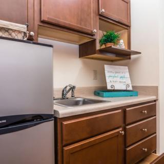A compact kitchen area with wooden cabinets, a sink, and a mini fridge.