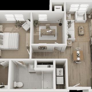 A 3D rendered floor plan of a one-bedroom apartment featuring a living room, kitchen, and bathroom.