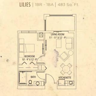 Floor plan of a 1-bedroom apartment with an area of 448 square feet.