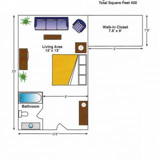 Floor plan of a studio apartment with a walk-in closet and living area.