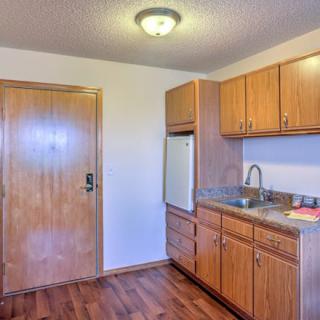 A minimalist kitchen with wooden cabinets, a sink, and a fridge.