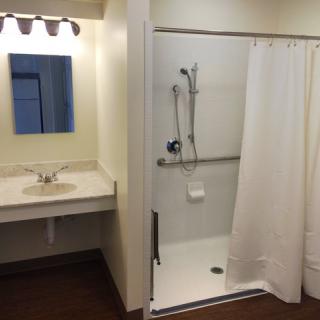 An accessible bathroom featuring a sink, mirror, and shower with a curtain.