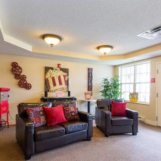 A cozy living room with leather seating and decorative elements, including a vintage popcorn machine.