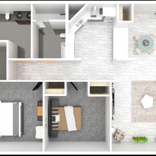 A 3D rendered floor plan of a two-bedroom apartment, including a kitchen, living room, and bathroom.