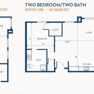 Floor plan of a two-bedroom, two-bathroom apartment with designated living and kitchen areas.