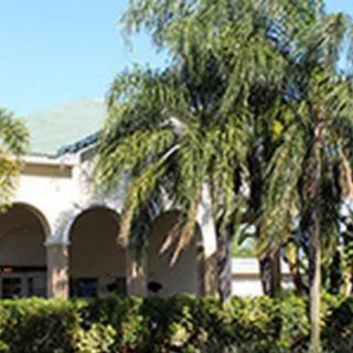 A sunny day with a building featuring arches surrounded by palm trees.