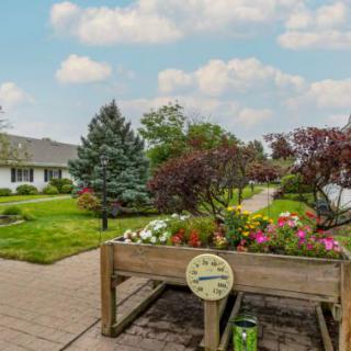 A beautifully landscaped garden with a variety of flowers and trees, set alongside a residential pathway under a clear sky.