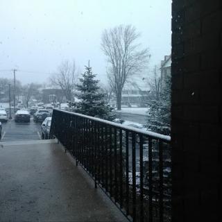 A snowy winter scene viewed from a balcony, with flurries falling and trees in the background.