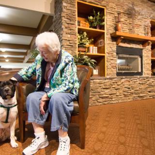 An elderly woman sits indoors, petting a dog beside her, in front of a fireplace.