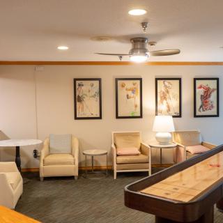 A cozy seating area with modern decor, featuring a shuffleboard table and artistic wall hangings.