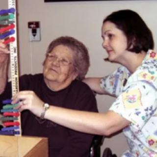 A healthcare professional assists an elderly woman with an occupational therapy activity.