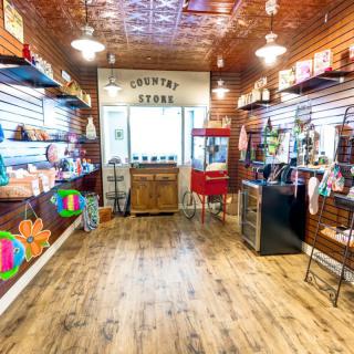 A cozy souvenir shop with a wooden interior and various items on display.