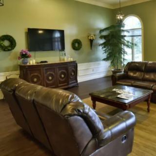 A cozy living room with leather sofas, a television mounted on the wall, and decorative elements such as wreaths and an artificial plant.