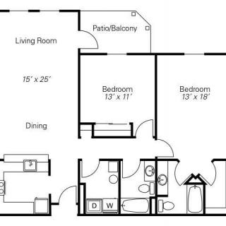 A floor plan of a two-bedroom apartment with living room, kitchen, and bathrooms.