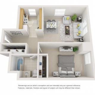 A 3D floor plan rendering of an apartment featuring a bedroom, kitchen, dining area, living room, and bathroom.