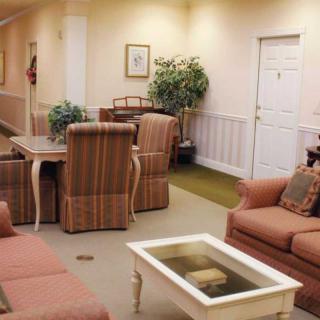 A cozy living room with chairs, sofas, a table, and decorative plants.