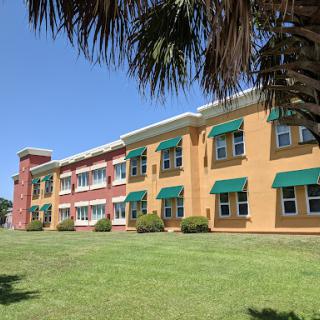 A vibrant, multi-colored building surrounded by lush grass and palm trees under a clear blue sky.