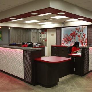 A modern reception area featuring a stylish desk and vibrant artwork on the walls.