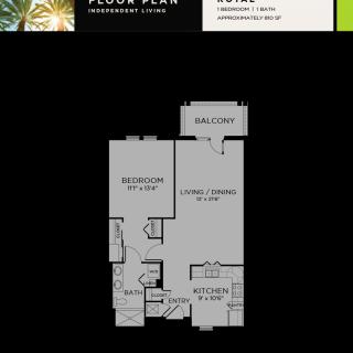 Floor plan of an apartment with one bedroom, a bathroom, kitchen, living room, and balcony.