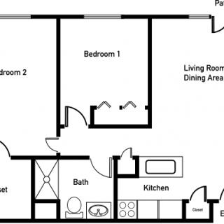 Floor plan of a two-bedroom apartment with a bathroom, kitchen, living room, and dining area.