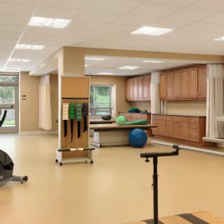 A modern rehabilitation center equipped with various exercise tools and a spacious layout, designed for physical therapy activities.
