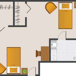 A floor plan displaying an apartment layout with two bedrooms, a bathroom, and furniture arrangement.