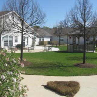 A peaceful residential neighborhood with houses, a green lawn, and bare trees lining the pathway.