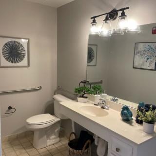 A modern bathroom with a large mirror, white countertop, and decorative accents.