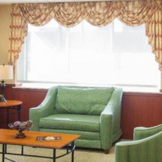 A cozy living room with a green sofa and elegant window curtains.