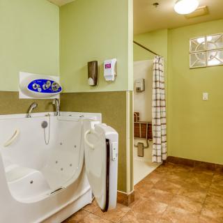 A bathroom featuring a walk-in bathtub and a separate shower area with a tiled floor.