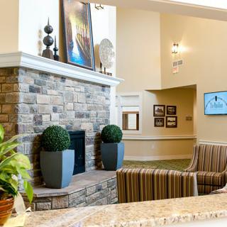 A cozy living room featuring a stone fireplace, comfortable seating, and decorative plants.