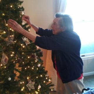 A person decorating a Christmas tree with lights and ornaments.