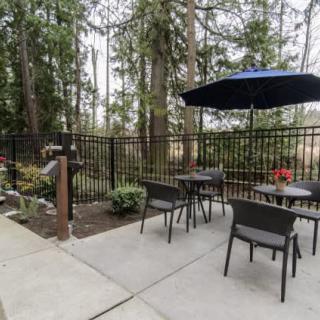 A cozy outdoor patio with tables and chairs, set in a forested area.