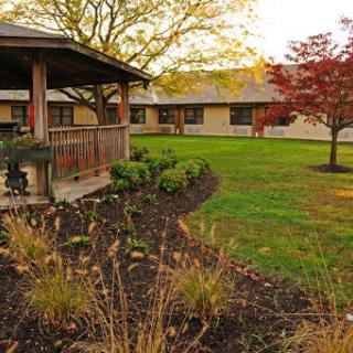A serene view of a building surrounded by lush greenery and autumn foliage.