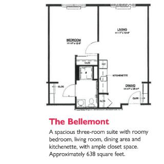 The floor plan of The Bellemont, a spacious three-room suite with a bedroom, living room, dining area, and kitchenette.