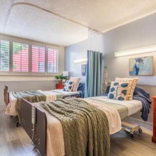 A well-lit hospital room featuring two neatly made beds, separated by a privacy curtain, with decorative pillows and a small plant by the window.